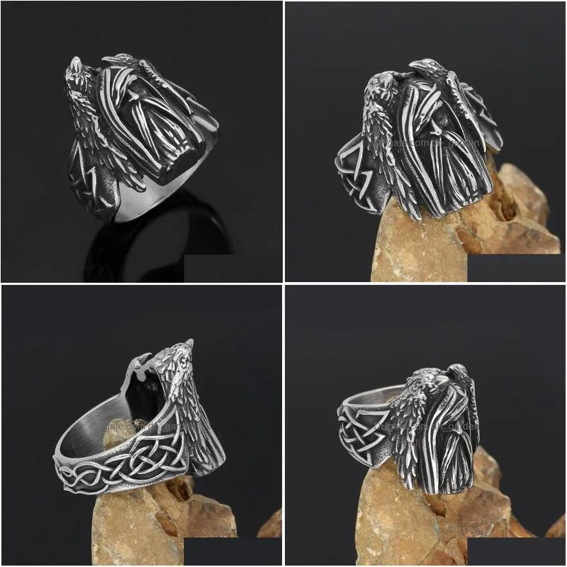 cluster rings nordic  amulet odin huginn and muninn knot stainless steel ring with valknut rune gift bag