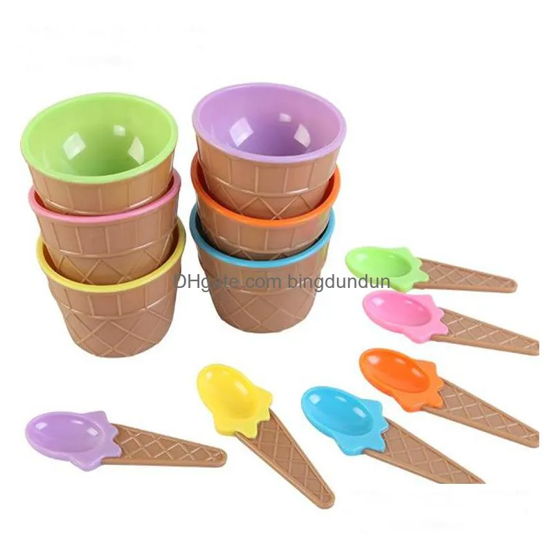 ice cream tools cute plastic ices cream bowl with spoon ecofriendly dessert colorful tart bowls container set cup children tableware inventory