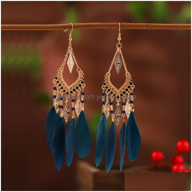 bohemian fashion jewelry for women dangle ornaments earrings handmade beaded colorful feather earrings