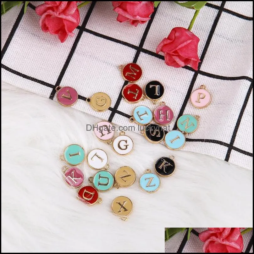 charms 26pcs 12 14mm round gold enamel alphabet color capital letter beads initial pendants alloy jewelry making accessories diycharms