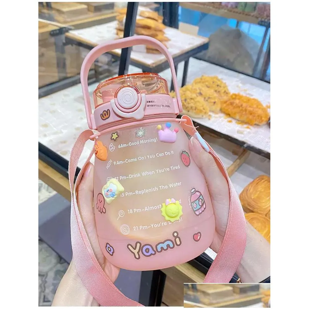 cute girls water bottle with stickers straw big belly cup 1300ml sports for jug children female kettle strap