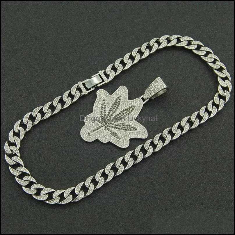 pendant necklaces hip hop iced out cuban chains diamond leaf foliage mens gold chain charm jewelry for men choker gift