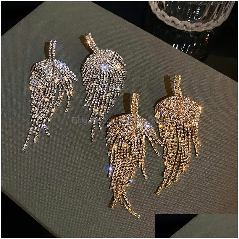 fashion jewelry s925 silver post leaf shape earrings exaggerated women full diamond tassels dinner stud earrings