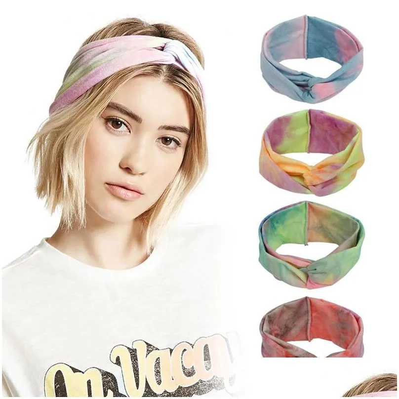 dhs bohemian tie dye cross hair band for women yoga sport fitness headbands knot wide brim hair accessories