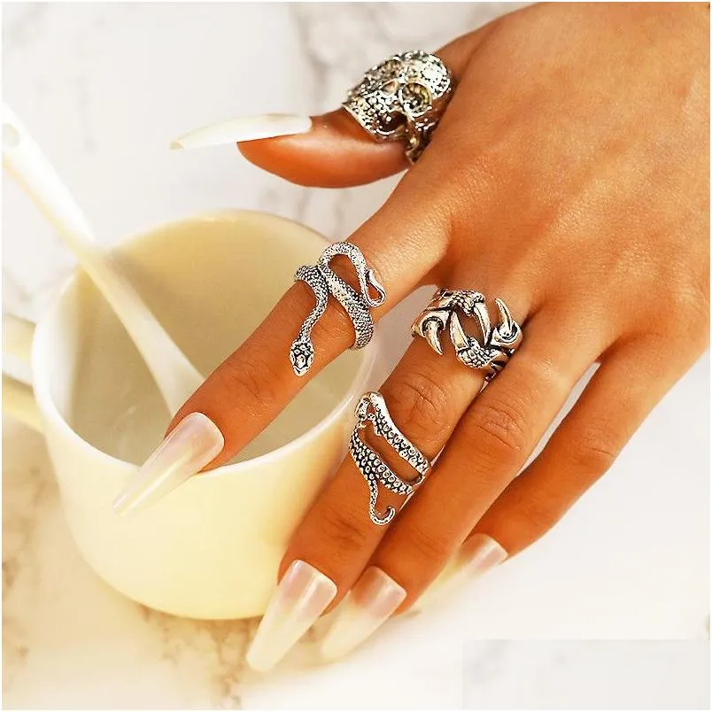 fashion jewelry knuckle ring set retro silver skeleton octopus snake punk stacking rings midi rings sets 4pcs/set