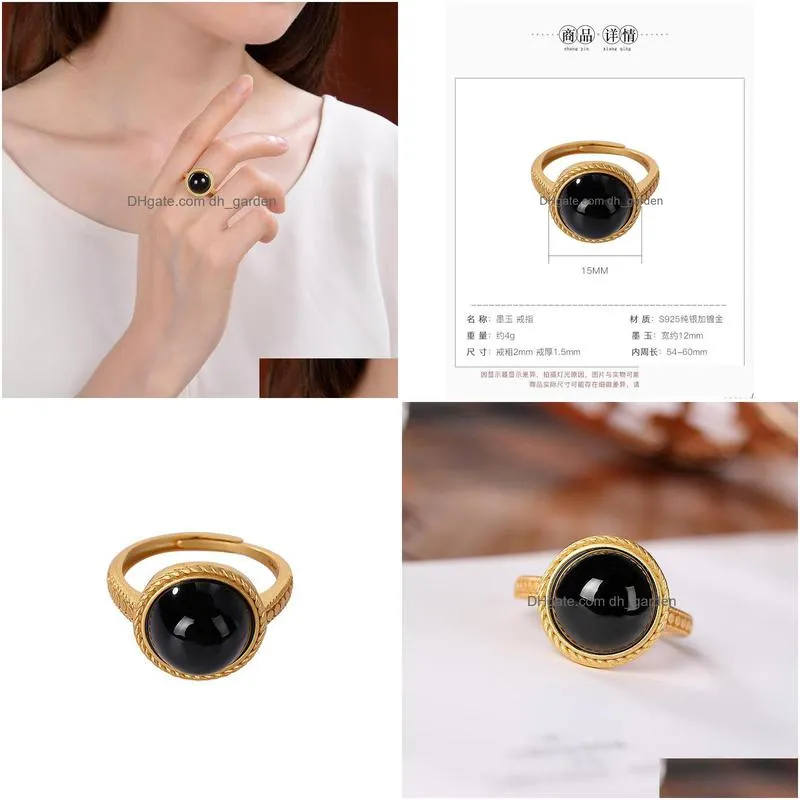 cluster rings baifuming s925 sterling silver goldplated natural hetian dark jade ring retro simple twist womens open