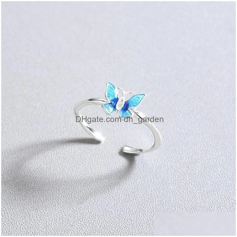 cluster rings 925 silver blue color butterfly ring opening adjustable for women wedding valentines gift jewelry