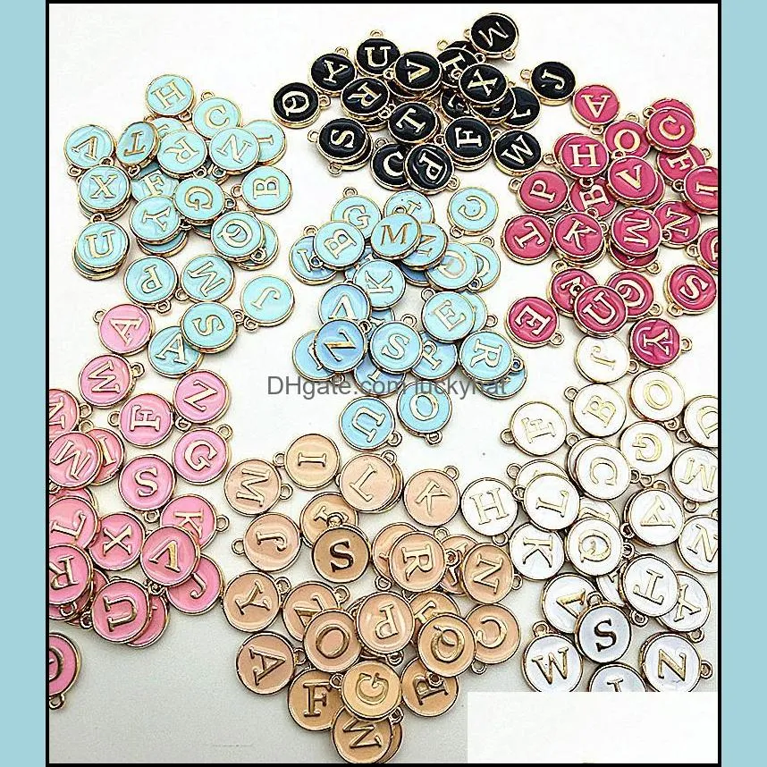 charms 26pcs 12 14mm round gold enamel alphabet color capital letter beads initial pendants alloy jewelry making accessories diycharms