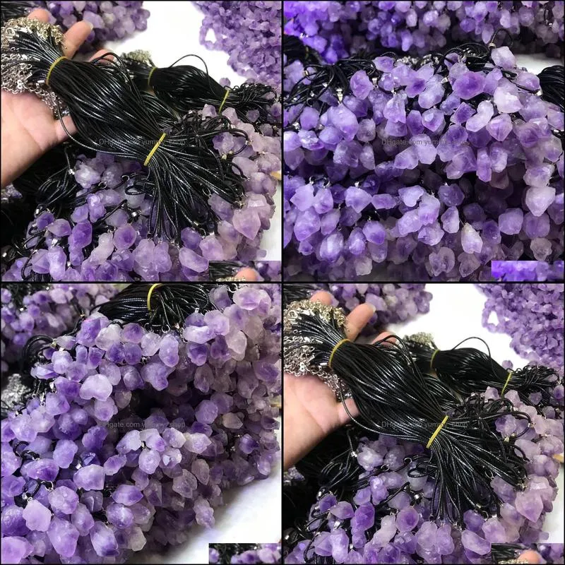 natural amethysts stone pendant necklace high quality leather rope necklace women trendy jewelry factory yummyshop