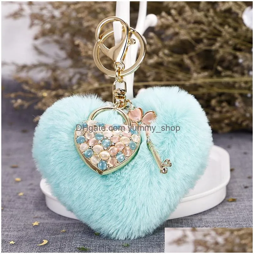 plush heart key rings for women faux fur love bag pendant keychain cats eye pendant keyring