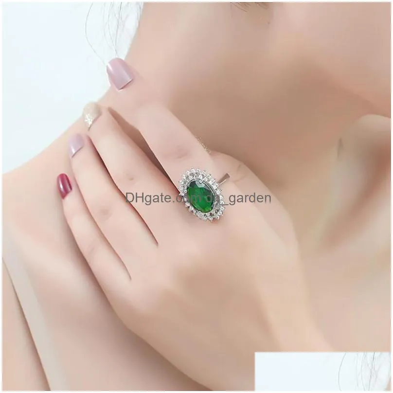 cluster rings vintage oval green crystal emerald gemstones diamonds for women white gold silver color jewelry bague bijoux party gifts