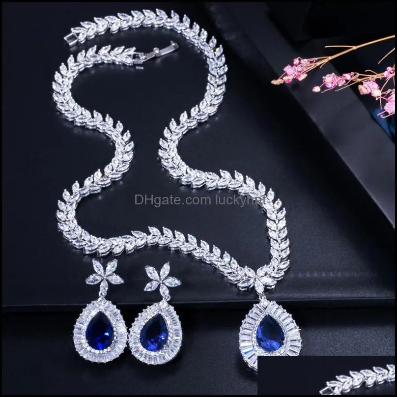 earrings necklace pera classic flower bridal wedding party jewelry set cz stone big red water drop pendant sets for women j0183