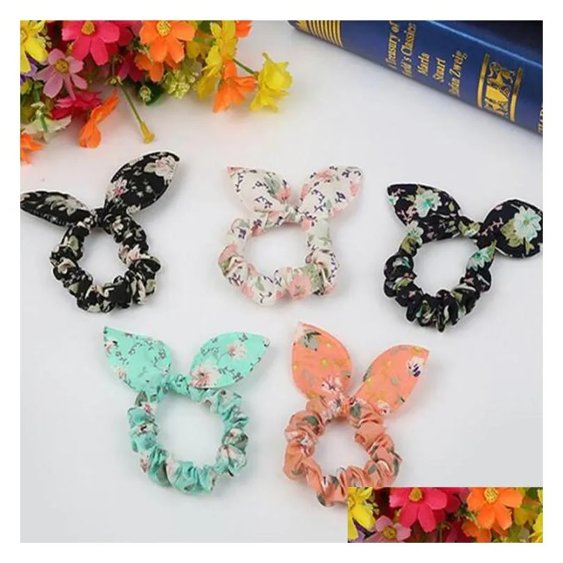 100pcs/lot children women hair band cute polka dot bow rabbit ears headband girl ring scrunchy kids ponytail holder hair accessories