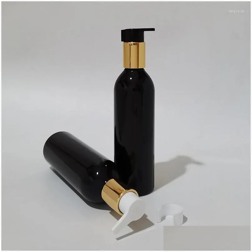 storage bottles 20pc 250ml empty black round shoulder plastic bottle with gold collar lotion pump cosmetic container screw dispenser