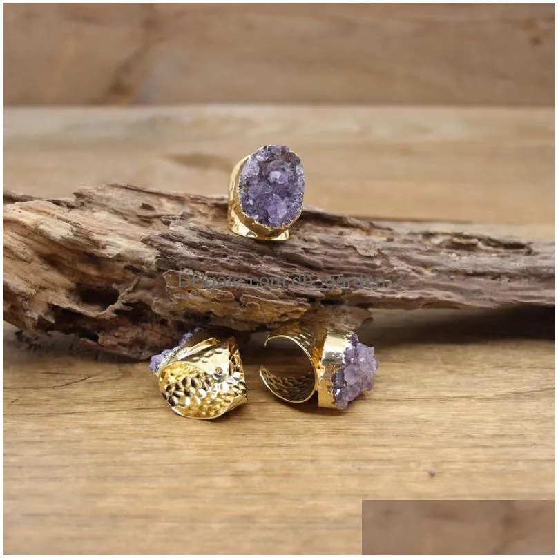 cluster rings irregular amethysts geode golden purple quartz ore druzy drusy adjustable ring fashion men/women jewelry dropship qc4091