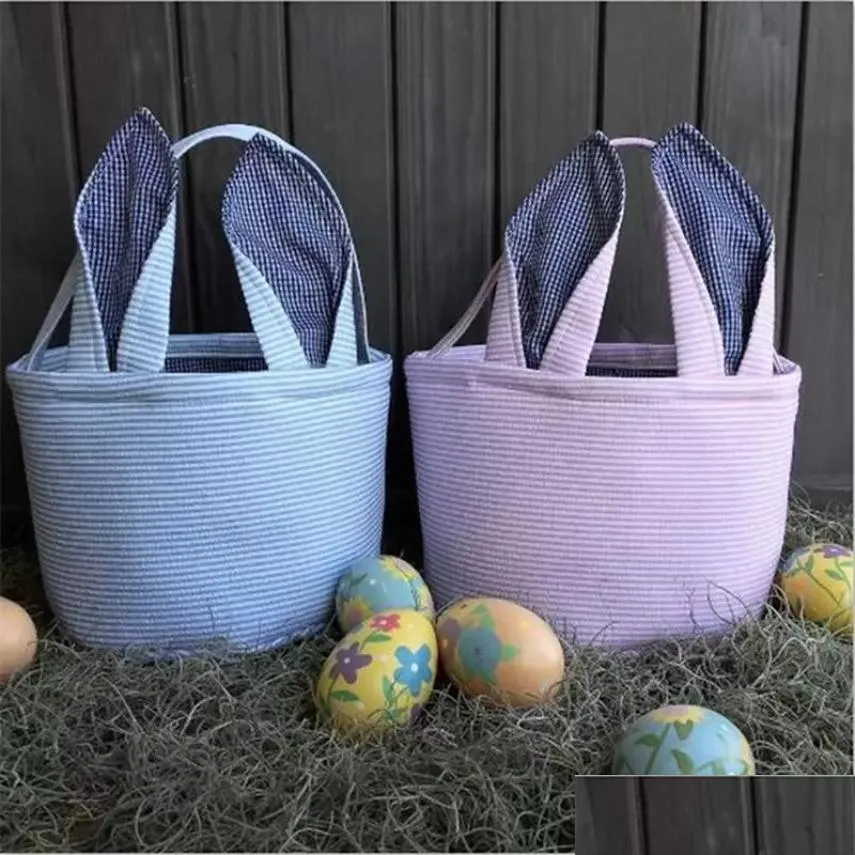 easter bag favor stripe bunny basket cartoon rabbit long ears bucket seersucker easters eggs bags kids party gift