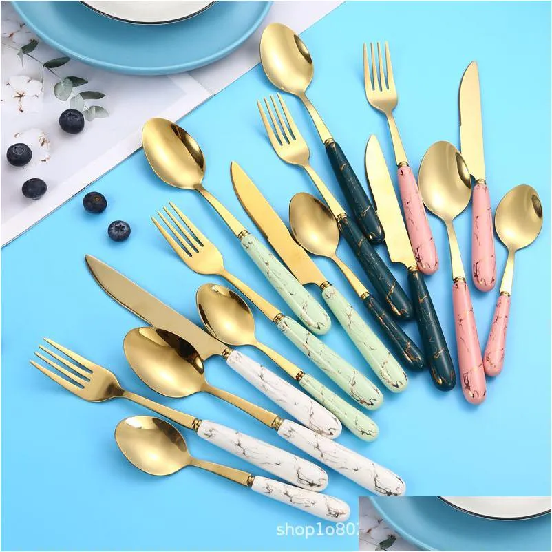 gold cutlery set knife fork coffee spoons dinnerware stainless steel tableware western kitchen silverware