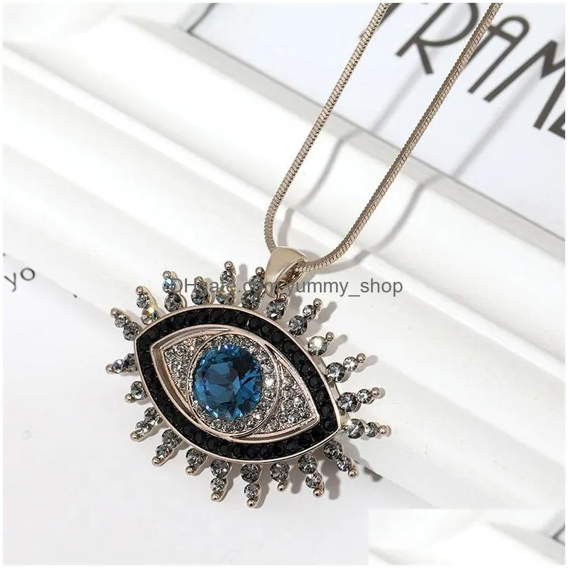 fashion jewelry evil eye pendant necklace rhinstone blue eyes long chain sweater necklaces