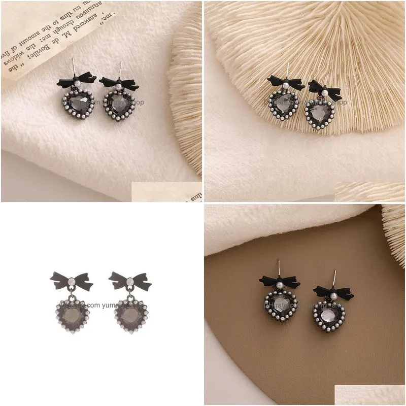 fashion jewelry s925 silver post earrings for women cute black bow heart pearl dangle stud earrings