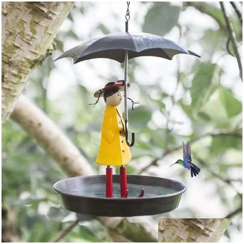 garden decorations bird feeder metal hanging chain girl waterproof umbrella statue outdoor flying animal automatic food dispenser tool