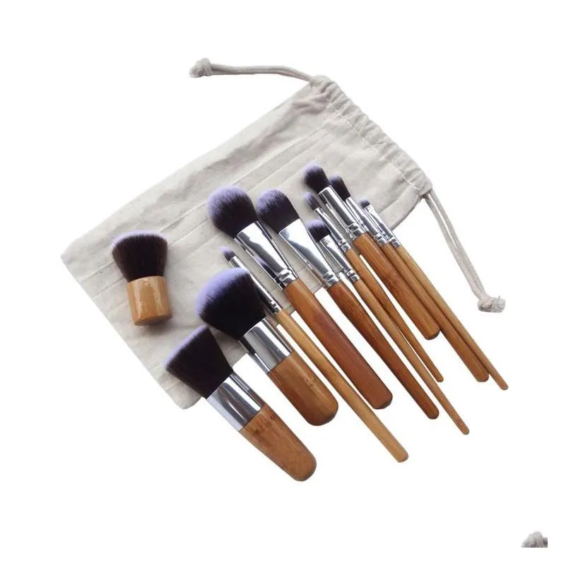 drop 11pcs makeup brushes cosmetics tools natural bamboo handle eyeshadow cosmetic makeup brush set blush soft brushes kit with