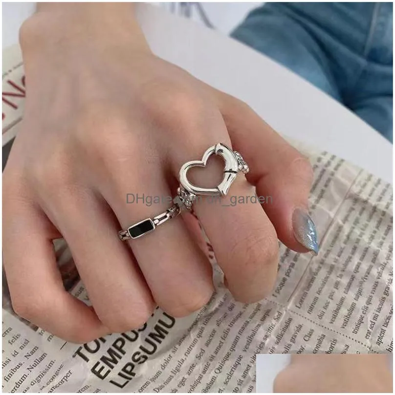 cluster rings korean trendy vintage dripping oil enamel hollow heart metal for women couple jewelry gifts