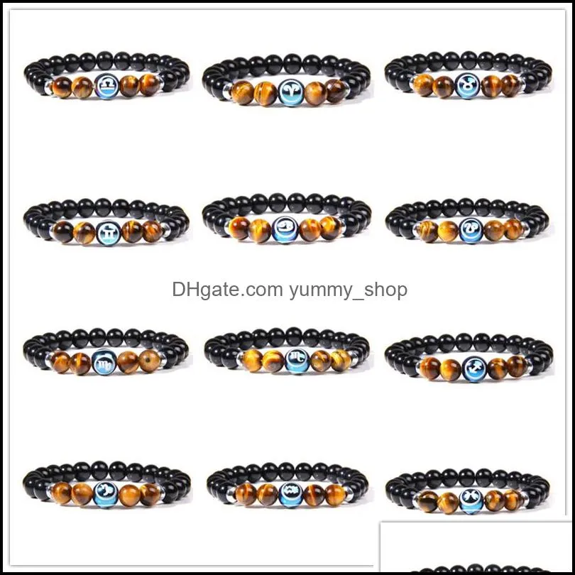 12 zodiac charm strands bracelet constellation signs tiger eye stone beads bracelets for women men couple horoscope fashion yummyshop