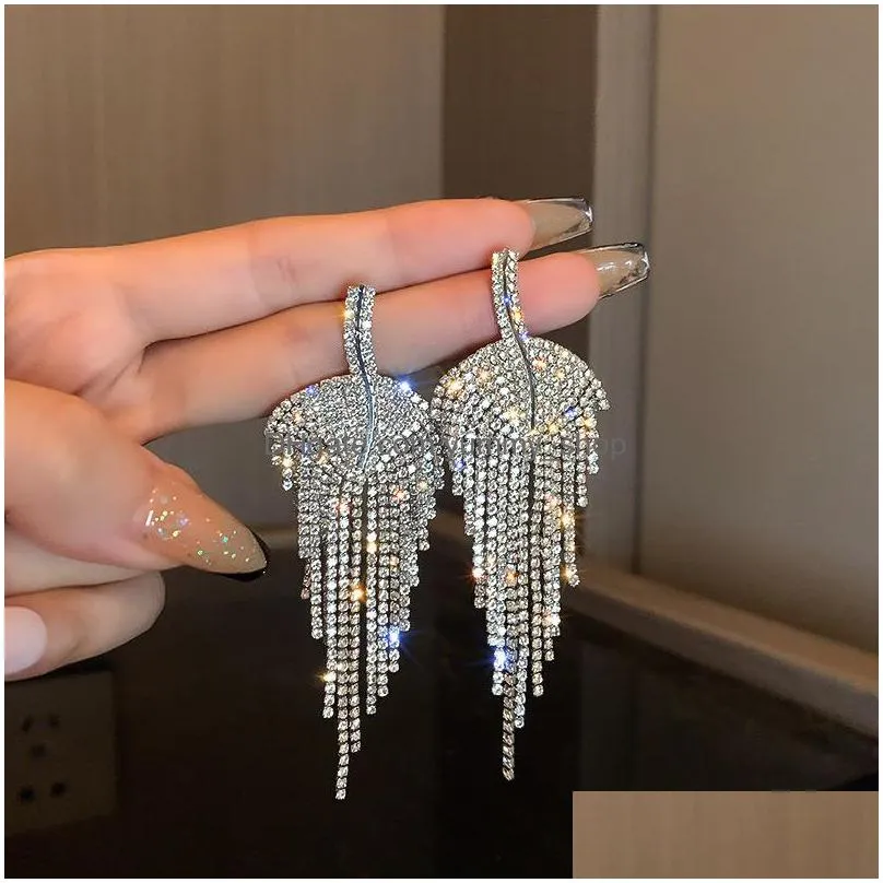 fashion jewelry s925 silver post leaf shape earrings exaggerated women full diamond tassels dinner stud earrings