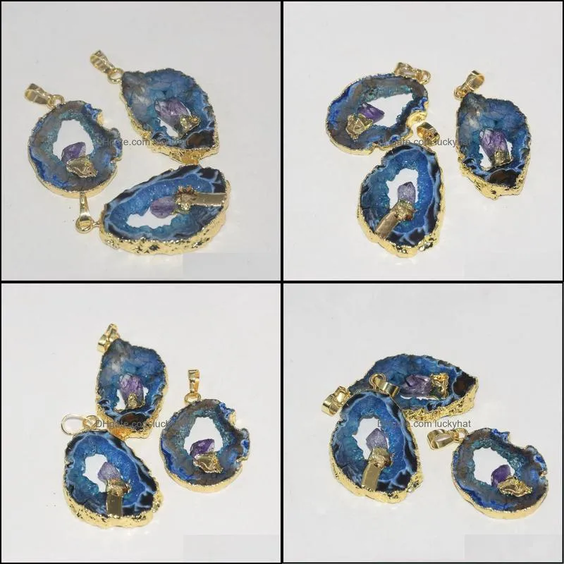 pendant necklaces natural slice blue stone pendants for jewelry making women 2022 gold plating druzy amulet big irregular stones point gem