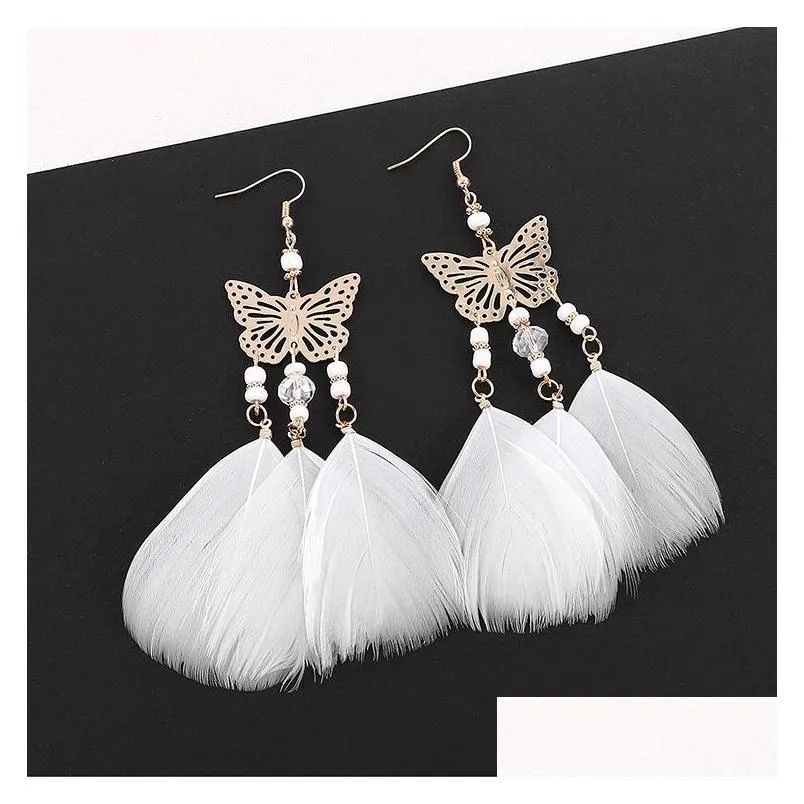 bohemian fashion jewelry womens feather tassels dangle earrings butterfly beaded female ornaments earrings