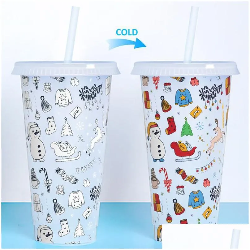 24oz/710ml christmas halloween mug colorchanging water cup coldchanging drink straw cup fruit tea pp temperaturesensitive plastic cups