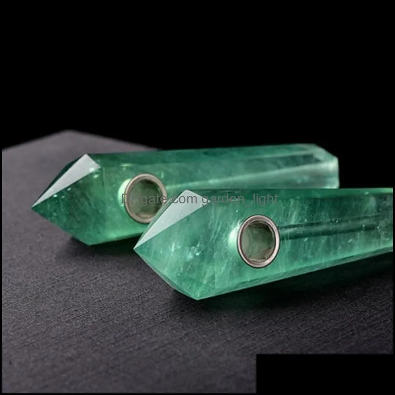 natural crystal smoking pipe green fluorite pipes hexagonal prism healing quartz tobacco accessories with white gift box