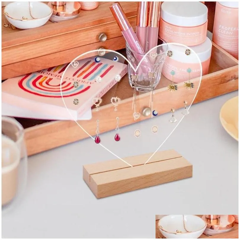 storage boxes transparent acrylic love jewelry rack earrings display wooden base table