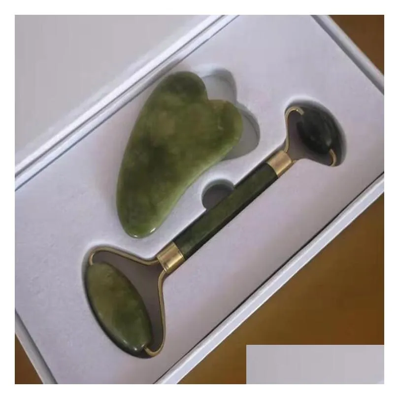 wholesale jade roller scraping board and natural jade beauty container face massager jade push set gift box