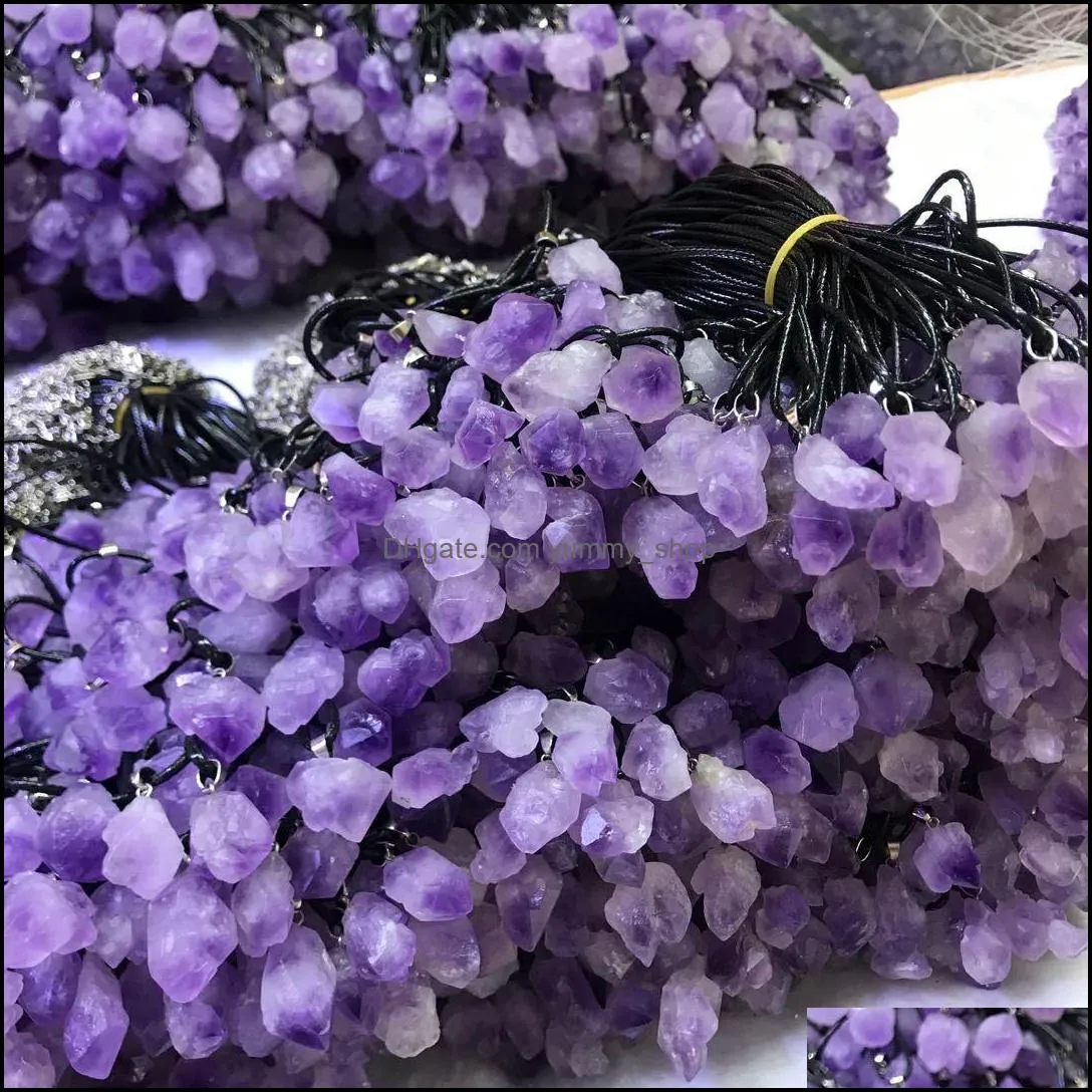 natural amethysts stone pendant necklace high quality leather rope necklace women trendy jewelry factory yummyshop