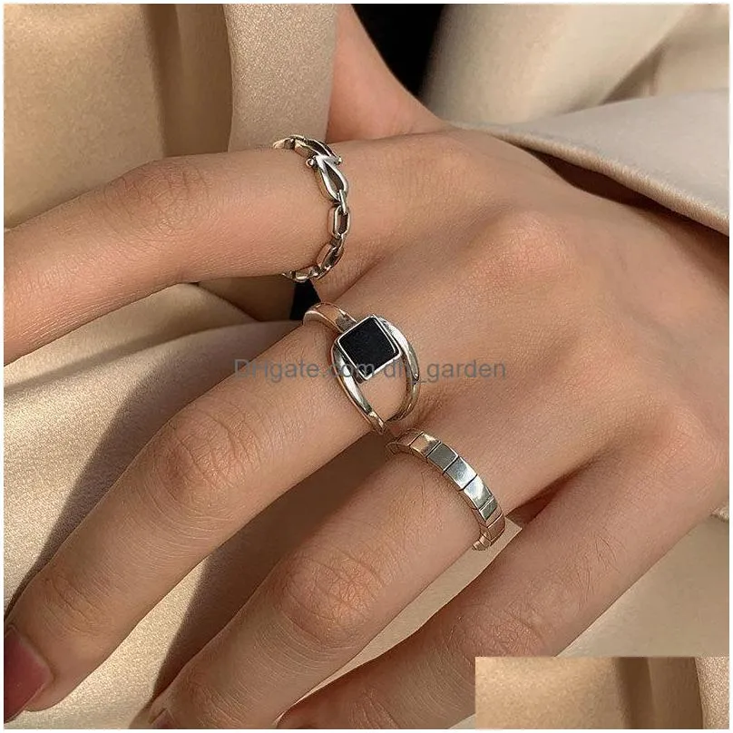 cluster rings meyrroyu sterling silver geometry female black square cross hollow chain hand jewelry trendy fine party gifts couple