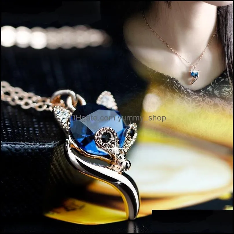 blue crystal fox necklaces pendants for women simple elegant trendy jewelry silver necklace