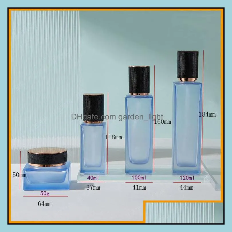 40ml 100ml 120ml empty square blue glass lotion pump bottles 50g cosmetic jars refillable travel dispenser containers with black bordered gold