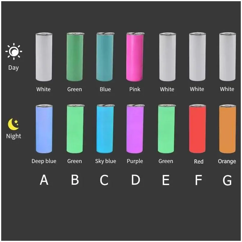 sublimation straight tumbler 20oz glow in the dark blank tumblers with luminous paint vacuum insulated heat transfer car mug 7 styles
