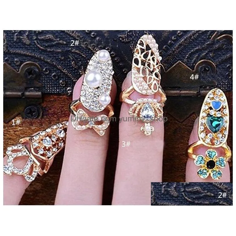 fashion jewelry metal nail ring hollowed bowknot crown flower rhinstone nails beauty rings