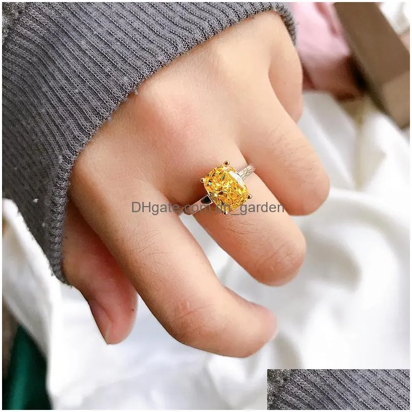 cluster rings high carbon diamond 1ct citrine gemstone solid silver 100 925 fine jewelry couple finger ring for women wholesale