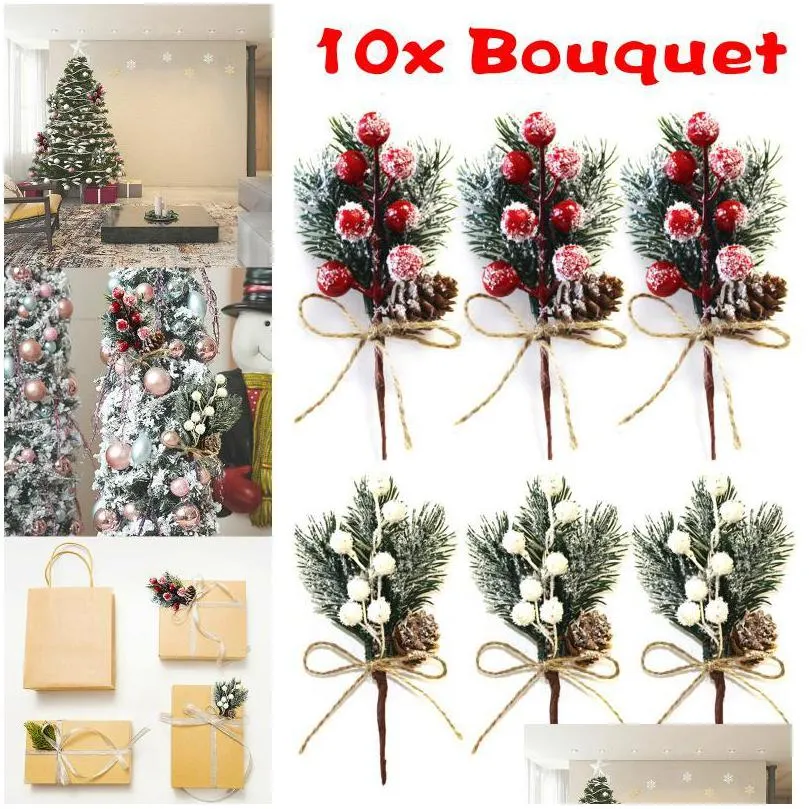 christmas decorations 10pcs artificial pine branch berry holly flower bouquet pick xmas decor ornament