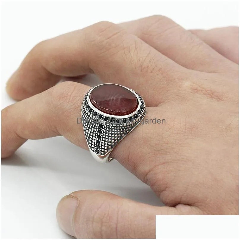 cluster rings oval red agate ring for men women 925 sterling silver natural flat stone black cz punk turkish jewelry gift to male