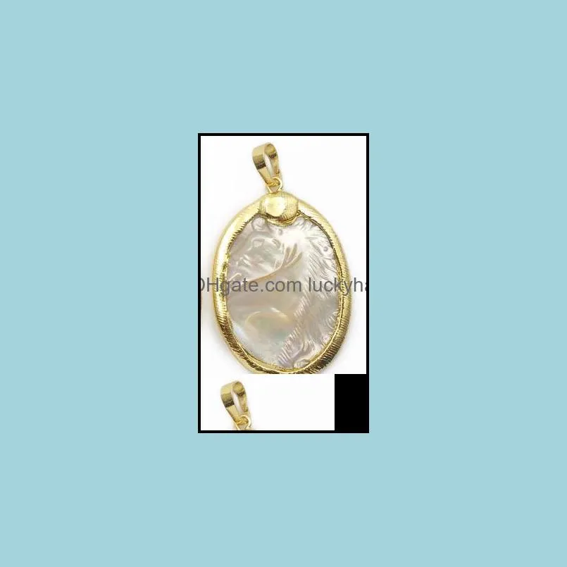 pendant necklaces natural shell carved horse yellow/brown/white color with gold trim fashion pendant