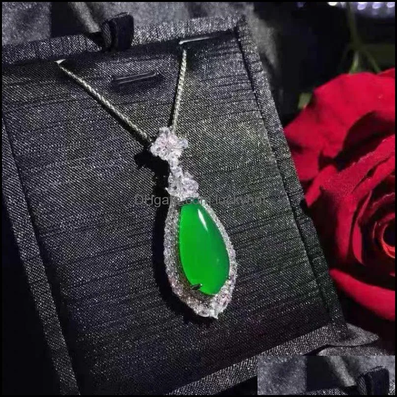 pendant necklaces factory wholesale high green chalcedony diamond droplet type european and americanstyle925silver jewelry