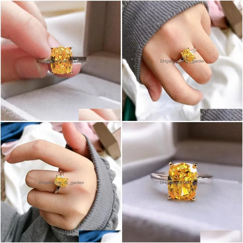 cluster rings high carbon diamond 1ct citrine gemstone solid silver 100 925 fine jewelry couple finger ring for women wholesale