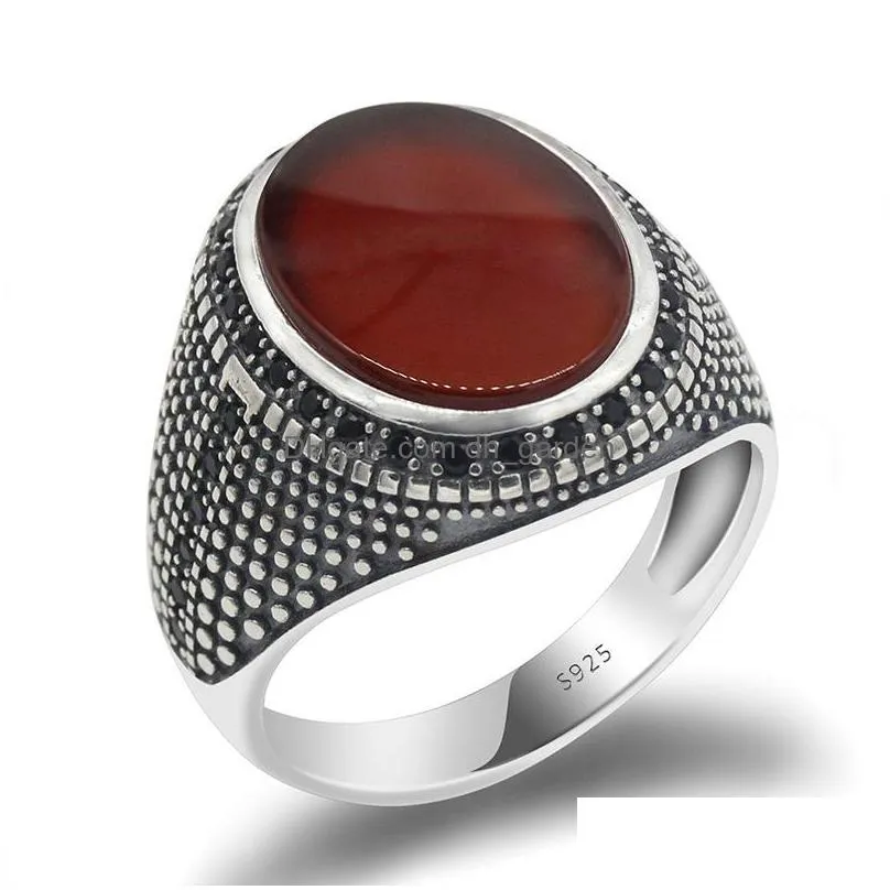 cluster rings oval red agate ring for men women 925 sterling silver natural flat stone black cz punk turkish jewelry gift to male