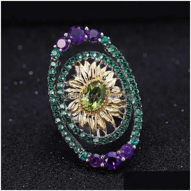cluster rings gems ballet 0.86ct natural peridot sunflower real 925 sterling silver handmade finger ring for women wedding fine