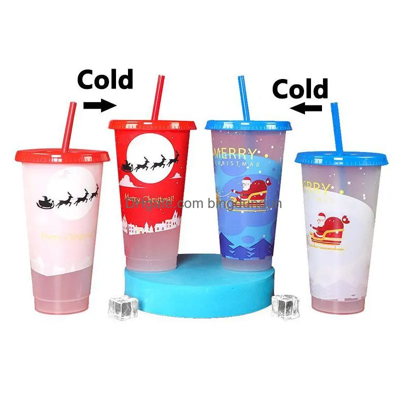 drinkware 710ml christmas halloween cup temperature sensitive cold water color changing cups reusable magic plastic christmas decorative juice cupes with lid