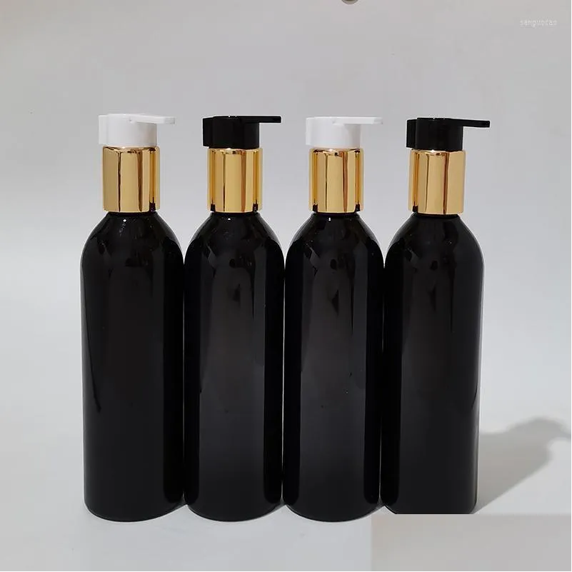 storage bottles 20pc 250ml empty black round shoulder plastic bottle with gold collar lotion pump cosmetic container screw dispenser